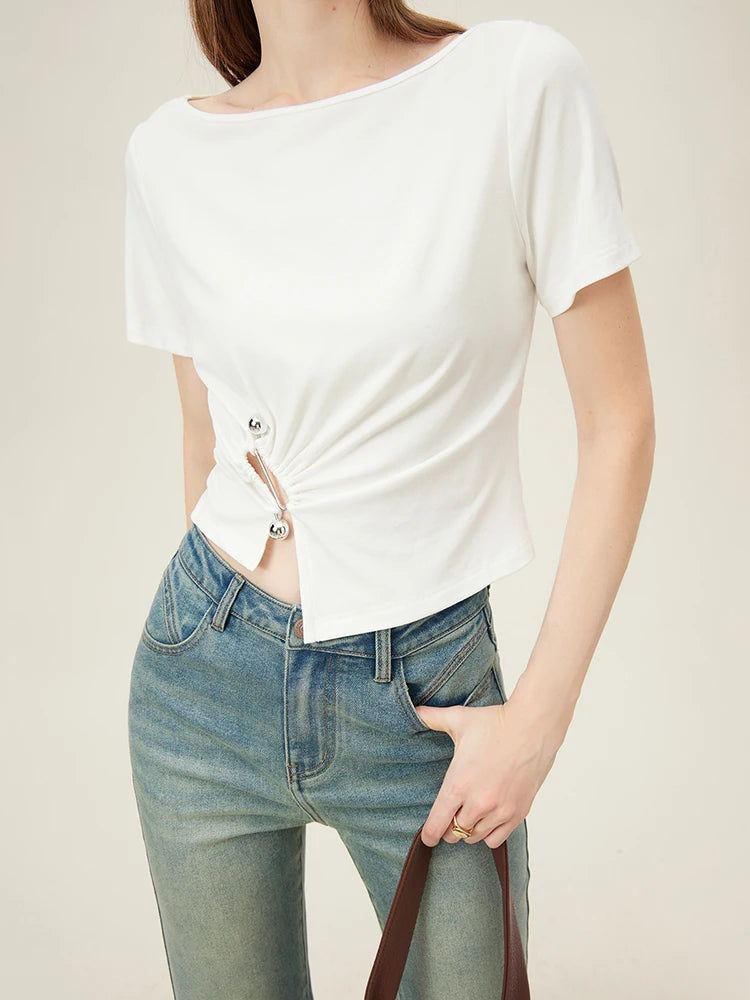 FSLE T-shirt One Shoulder Design Short Spicy Top Women's Summer Twisted Waist Short Sleeved White Yellow Tee 24FS12215