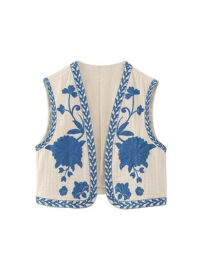 Suninheart Women Vintage Floral Embroidery Printed Unisex Vest Sleeveless Cropped Coats 2023 Summer Elegant Cotton Linen Tops