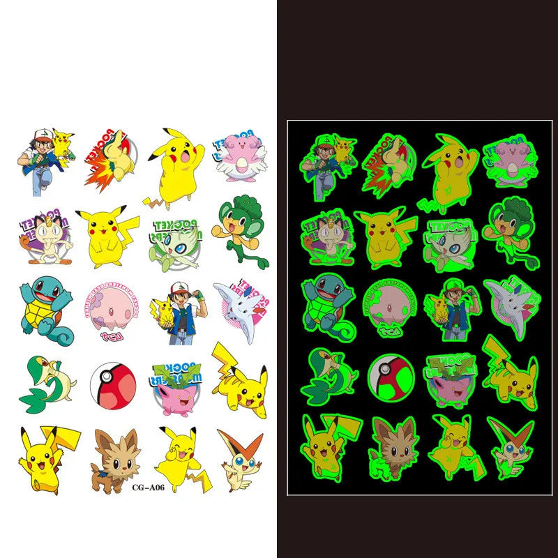 1Pcs/3Pcs/6Pcs Autocollants de tatouage Pokémon Pikachu lumineux non répétitifs Jouets de dessin animé Tatouages ​​temporaires pour enfants Cadeau pour enfants