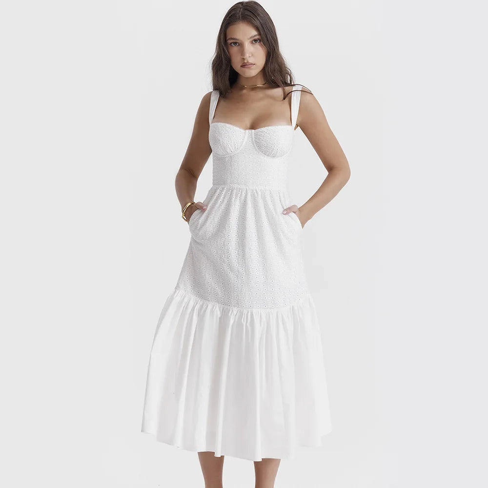 Suninheart - Vestido elegante y bonito de verano de alta calidad para mujer, vestido de jacquard de mezcla de algodón blanco, vestido de fiesta de vacaciones a media pierna