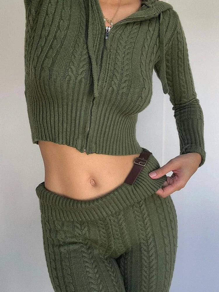 Suninheart Knitted Long Sleeve Zipper Hooded Women Two Piece Sets Thicken Sweater Skinny Long Pant Suit Solid Casual Sweatshirt