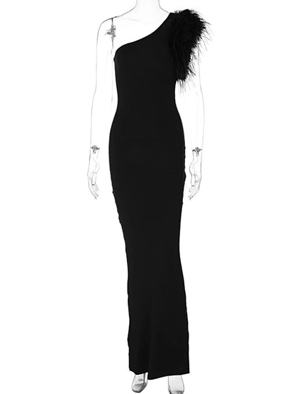 Dulzura Black Sleeveless One Shoulder Feather Maxi Dress For Women Bodycon Sexy Party Elegant Long Dress Birthday Evening Outfit