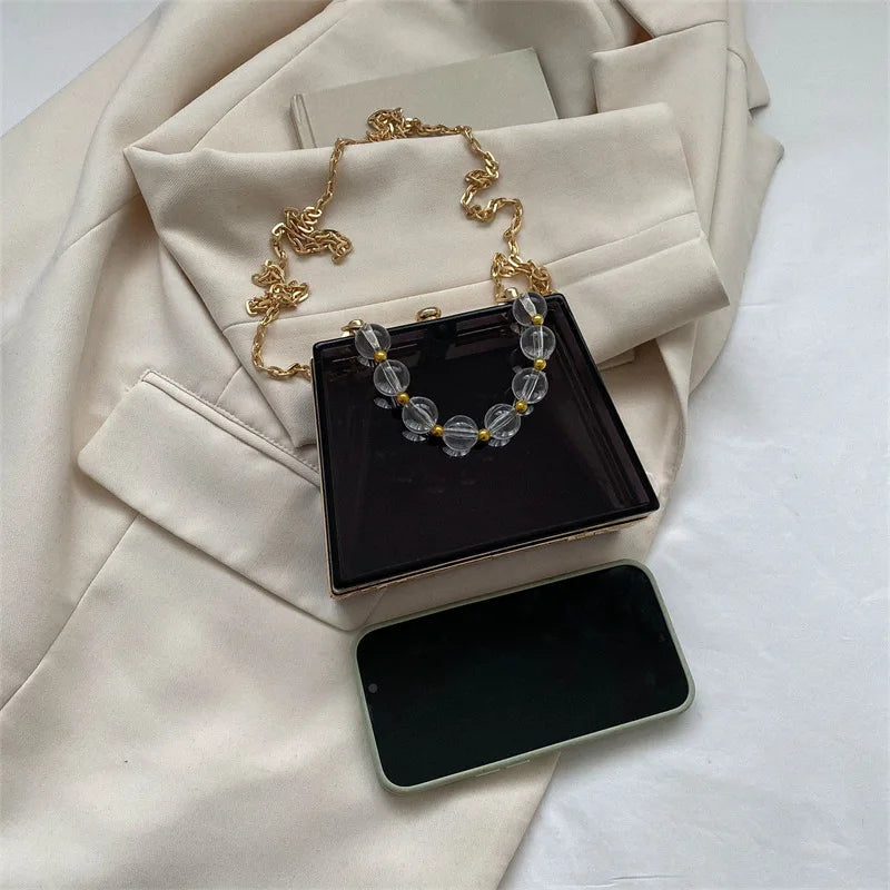 Summer Transparent Box Bag Female Small Pearl Handle Clear Shoulder Bag Chain Acrylic Dinner Bag