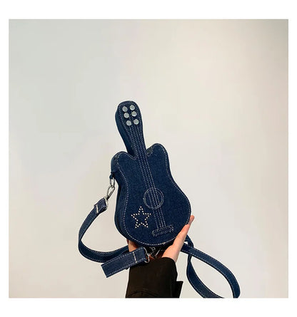 Cute guitar bag women's crossbody bag fashion denim shoulder bag creative phone bag for women