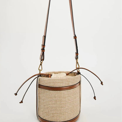 Fashion Straw Bucket Bag Weave Women Handbags Designer Panelled Shoulder Crossbody Bags Casual Summer Beach Small Tote Purses