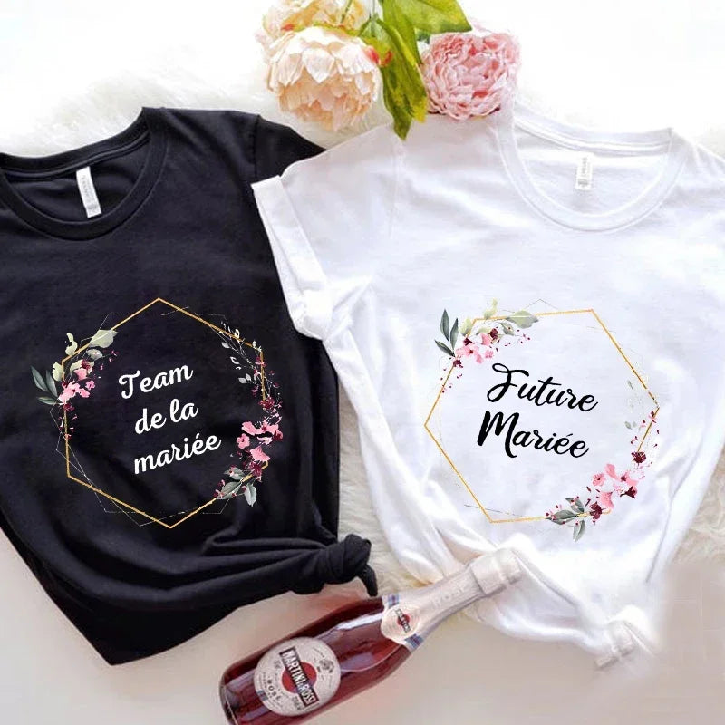 Camisetas de novia para boda, camisetas francesas EVJF Future Team Bride, camisetas para despedida de soltera, camisetas con estampado de flores para dama de honor para mujer