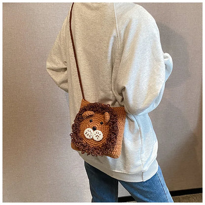 Cute Little Lion Bag For Girls Women's Funny Mobile Phone Coin Purse Winter Knitting Shoulder Crossbody Bag