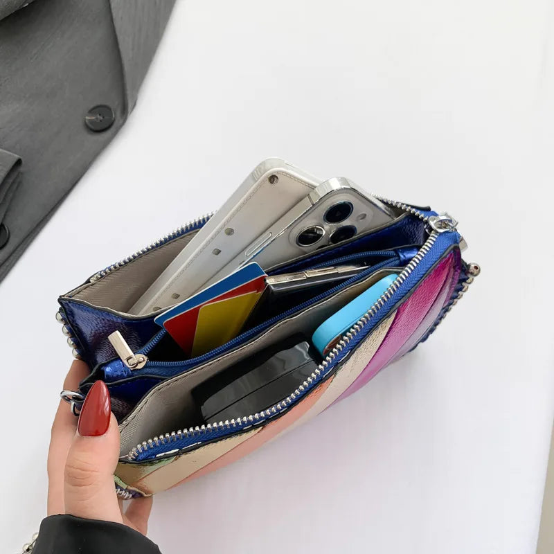 Bolso de mano con paneles de patchwork de moda para mujer, bolsos de hombro de diseñador con cuentas de metal, bolso cruzado de arcoíris, bolsos pequeños para mujer