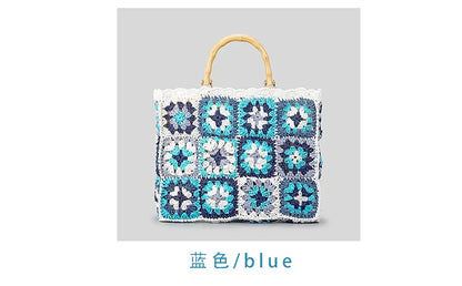 Bolso de mano de paja con forma de granny square bohemio con asa de bambú, bolsos de mujer informales hechos a mano, bolsos de playa de verano, carteras de gran capacidad