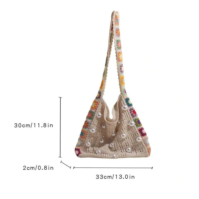 Casual Hollow Out Pearls Knitted Women Shoulder Bag Weave Crossbody Bags Bohemian Summer Beach Large Capacity Shopper Purse 2024