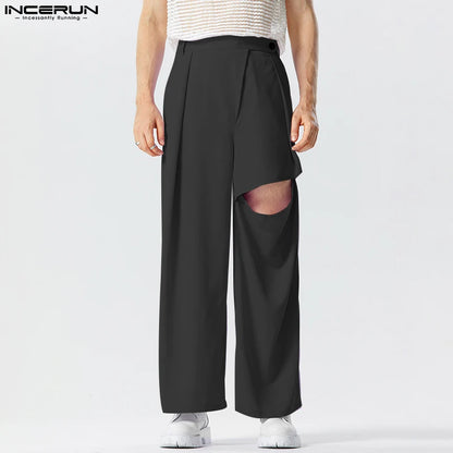 2023 Men Pants Solid Color Pleated Joggers Button Hollow Out Trousers Men Streetwear Loose Casual Wide Leg Pants S-5XL INCERUN