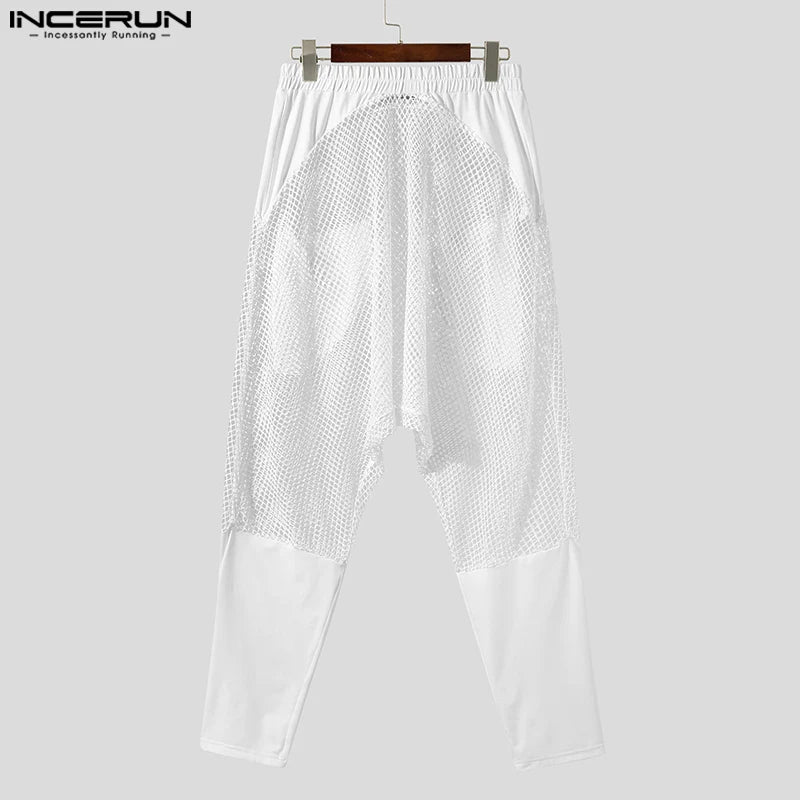 Pantalones nuevos para hombre con estilo sexy INCERUN 2024, pantalones de malla transparente con parches, pantalones elásticos con perspectiva informal, tallas S-5XL