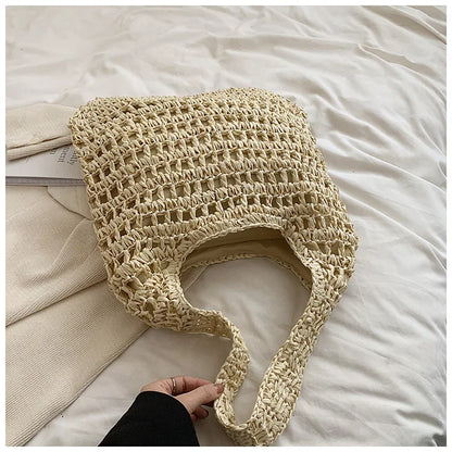 Casual Hollow Straw Women Shoulder Bags Handmade Woven Large Capacity Tote Bag Summer Beach Handbags Simple Bali Purses 2024