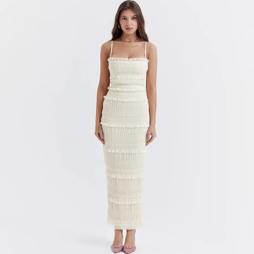 Suninheart Été Maxi Spaghetti Strap Wed Bride Dress Élégante Occasion Formelle Beige Slim Party Even Dress Femmes