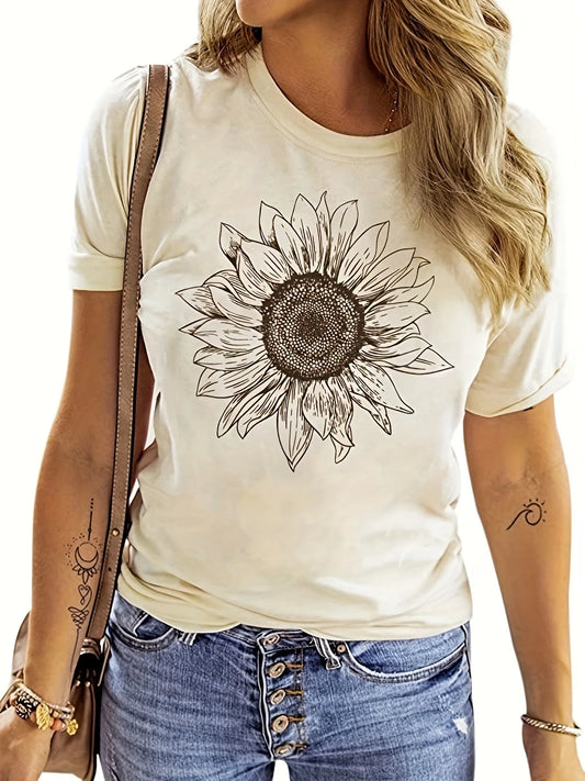 Sunflower Print Women T-shirt Casual Crew Neck Short Sleeve T-shirt Women's Clothing Female TopsTees