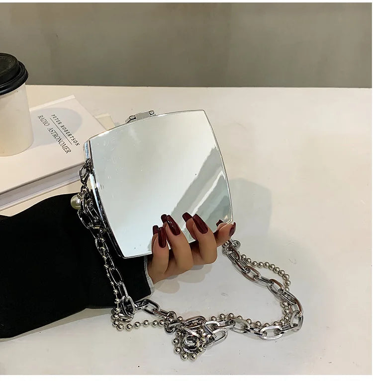 Luxury Silver Metal Box Bag Ladies Party Clutch Bag Evening Bag Chain Purse Crossbody Mini Bag Female Shoulder Bag Handbag Flap