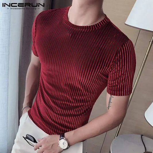 Fashion Casual Style Men's Camiseta  Party Shows Tees INCERUN Male Stylish Hot Sale Drawstring Round Neck Stretch T-shirts S-3XL