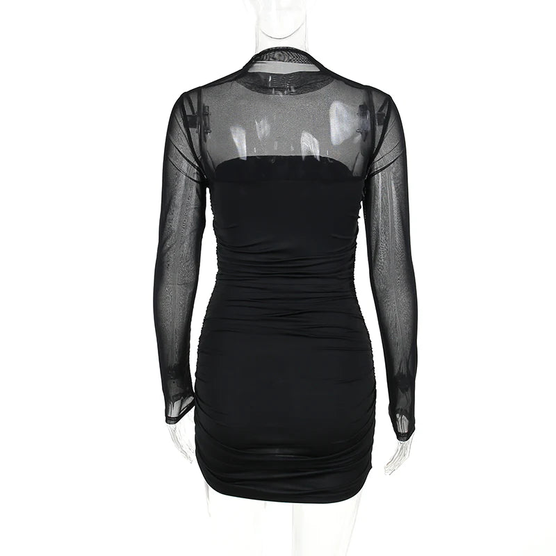 Robe moulante noire transparente pour femme, vêtements slim sexy streetwear à manches longues, tenues de mode patchwork