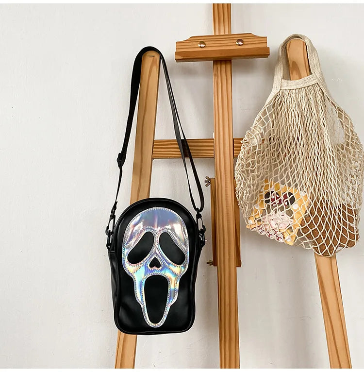 Bolso bandolera para hombre y mujer, estilo coreano, divertido bolso de hombro con calavera fantasma láser, bolso pequeño suave para teléfono móvil