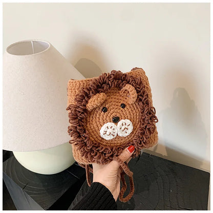 Cute Little Lion Bag For Girls Women's Funny Mobile Phone Coin Purse Winter Knitting Shoulder Crossbody Bag