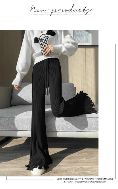 Suninheart Tassels Wide Leg Knitted Pants Women Winter Stripe Loose Trousers Femme Casual Full Length Warm Sweater Pants 2022