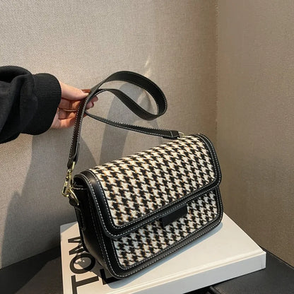 Toptrends 3 Layers Flap Small Shoulder Crossbody Bags For Women 2024 Trend Designer Houndstooth Woolen Fabric Ladies Handbags