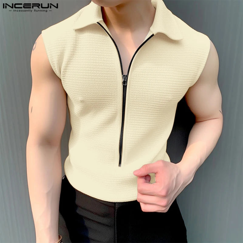 Camisetas de moda bien ajustadas INCERUN con diseño de cremallera para hombre, camisetas casuales de calle para hombre, camiseta sin mangas con solapa sólida S-5XL 2024