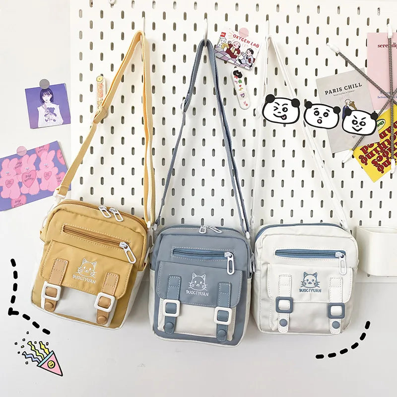 Bolsos cruzados pequeños de estilo japonés para mujer, nuevos bolsos de nailon 2023, bolsos y carteras para niñas, bolso de hombro con bordado de gato de dibujos animados