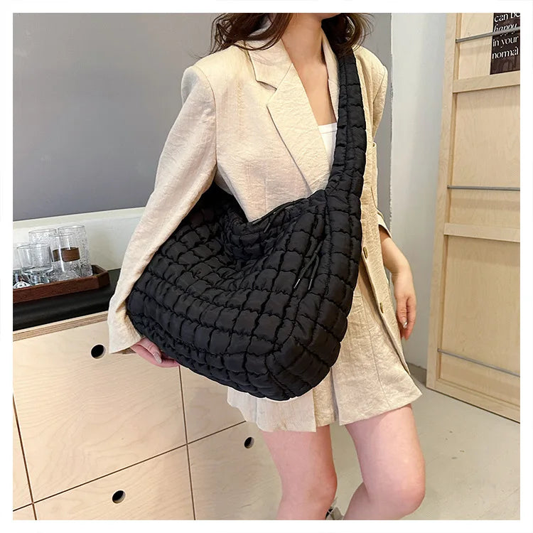 Bolsos de hombro casuales con frunces para mujer, bolsos cruzados acolchados, bolsos de mano de nailon de gran capacidad, bolsos grandes para compras