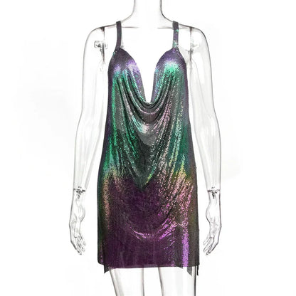 Dropshipping Mujeres Brillantes Rhinestone Cadena Halter Vestido De Metal 2022 Nuevo Club Nocturno Sin Espalda Vestido De Fiesta De Cadera Dividida Al Por Mayor