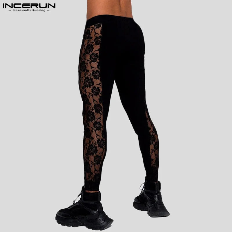 2024 Hommes Pantalons Dentelle Patchwork Sexy Taille Élastique Fitness Hommes Leggings Streetwear Transparent Mode Pantalons S-5XL INCERUN