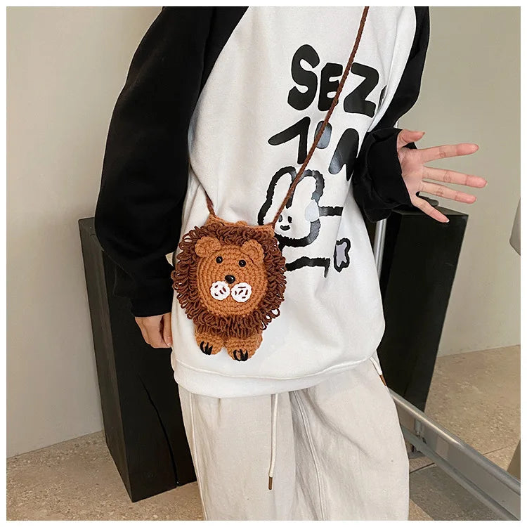 Cute Little Lion Bag For Girls Women's Funny Mobile Phone Coin Purse Winter Knitting Shoulder Crossbody Bag