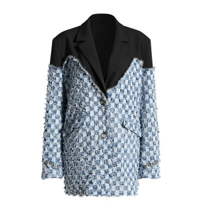 DEAT Fashion Blazer à col cranté pour femme, veste ample en denim à simple boutonnage, patchwork, costume pour femme, automne 2024, nouveau 17A4068