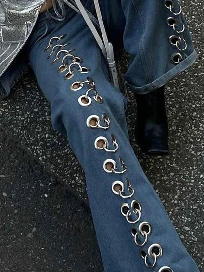 DEAT Fashion Women Denim Pants Loose Low-waisted Metal Hollow Out Floor-length Straight Blue Lady Jeans Spring 2024 New 19F2031