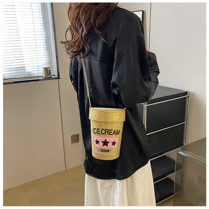 Funny cute cup shape shoulder bag icea cream letter printing bucket bag ladies crossbody messenger bag female purse handbag