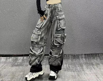 DEAT Fashion Women's Jeans High Waist Multiple Pockets Water Wash Gradient Streetwear Denim Cargo Pants Spring 2024 New 7AB3332