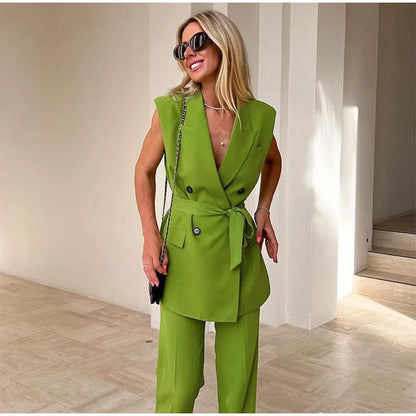 Women Fashion Trousers Two Piece Sets Casual Loose Sleeveless Vest Coat Wide Leg Pants Suits 2023 Spring Commuter Office Set