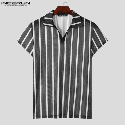 Sexy Casual Style Tops INCERUN New Mens Striped Mesh Shirts Casual Stylish Slightly Perspective Short Sleeved Lapel Blouse S-5XL