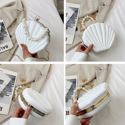 Fashion Shell Design Women Shoulder Bags Pearls Handle Lady Handbags Candy Color Pu Leather Crossbody Bag Small Female Purses