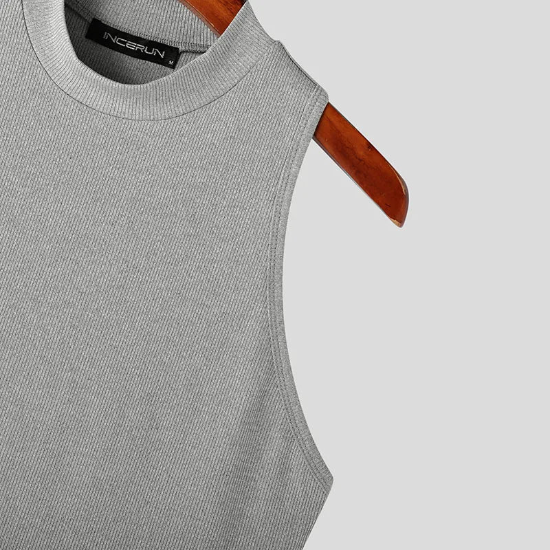 2023 Camisetas sin mangas para hombre, de color liso, cuello alto, sin mangas, de punto, informales, ropa de calle de verano, ropa de moda para hombre INCERUN S-5XL