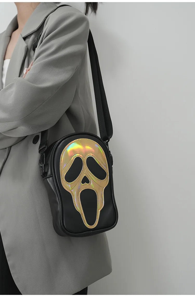 Bolso bandolera para hombre y mujer, estilo coreano, divertido bolso de hombro con calavera fantasma láser, bolso pequeño suave para teléfono móvil