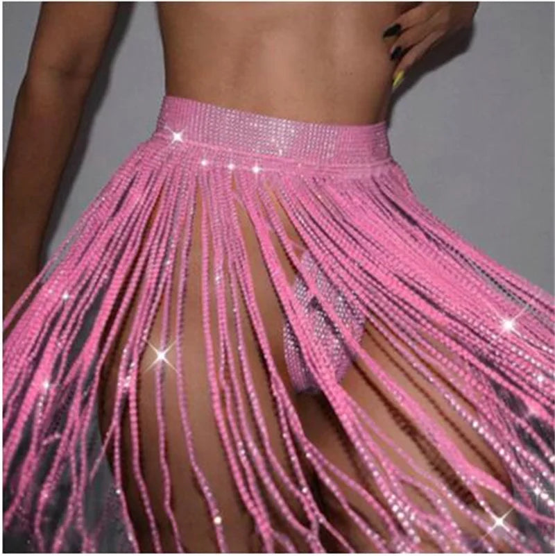 Jupe longue à pampilles en strass pailletés pour femmes, faite à la main, sexy, chaîne en diamant, été, plage, boîte de nuit, fête, jupe, ceinture, accessoire