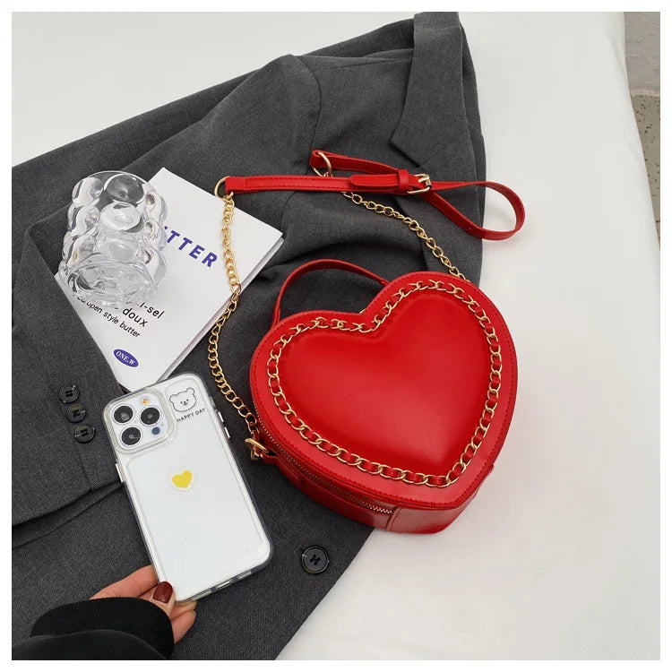 Bolsos y carteras para mujer, bolso de hombro con forma de corazón rojo a la moda, bolso cruzado con cadena para mujer, bolso de mano y cartera para mujer