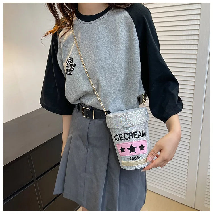 Funny cute cup shape shoulder bag icea cream letter printing bucket bag ladies crossbody messenger bag female purse handbag