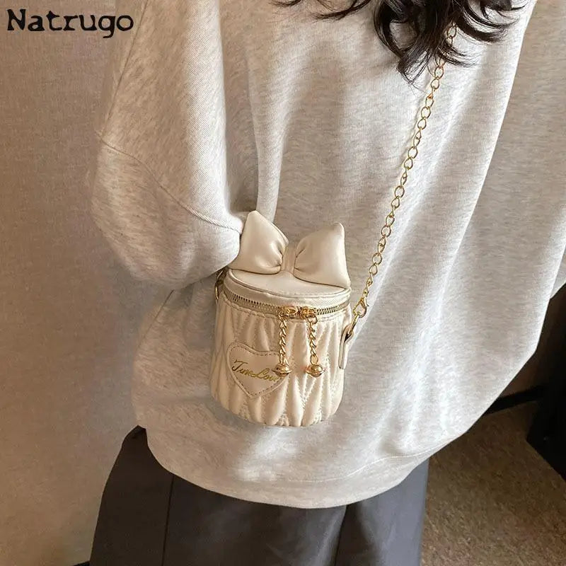 Fashion Pleated Women's Shoulder Bag Mini Cylinder Crossbody Bag Cute Pink Color Dinner Bag