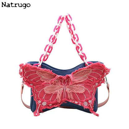 Denim Butterfly Contrast Wrap Chain Strap Single Shoulder Crossbody Underarm Bag Hot Girl Y2k Cool Bag Purses and Handbags