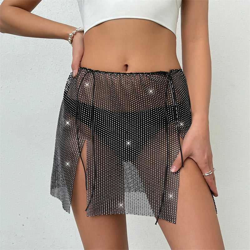 Jupe mini sexy transparente en strass pour femme, jupe crayon fendue brillante pour la plage et les fêtes, vêtements de festival, été, 2024