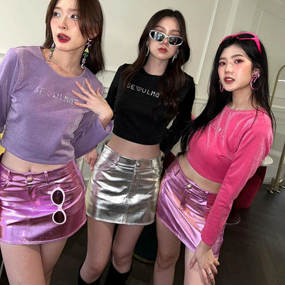 Y2k Pink Metallic Fashion Hot Girls Short Skirt Dummy pocket Slim Fit Bright High Waist Korean Fashion Halfskirt Women Clothing