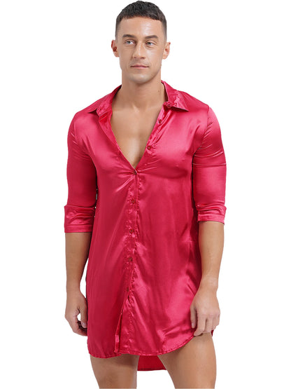 Chemise en satin de soie pour homme Sissy, couleur unie, longue robe portefeuille, peignoir, kimono, chemise de nuit, pyjama, vêtements de nuit, vêtements de détente