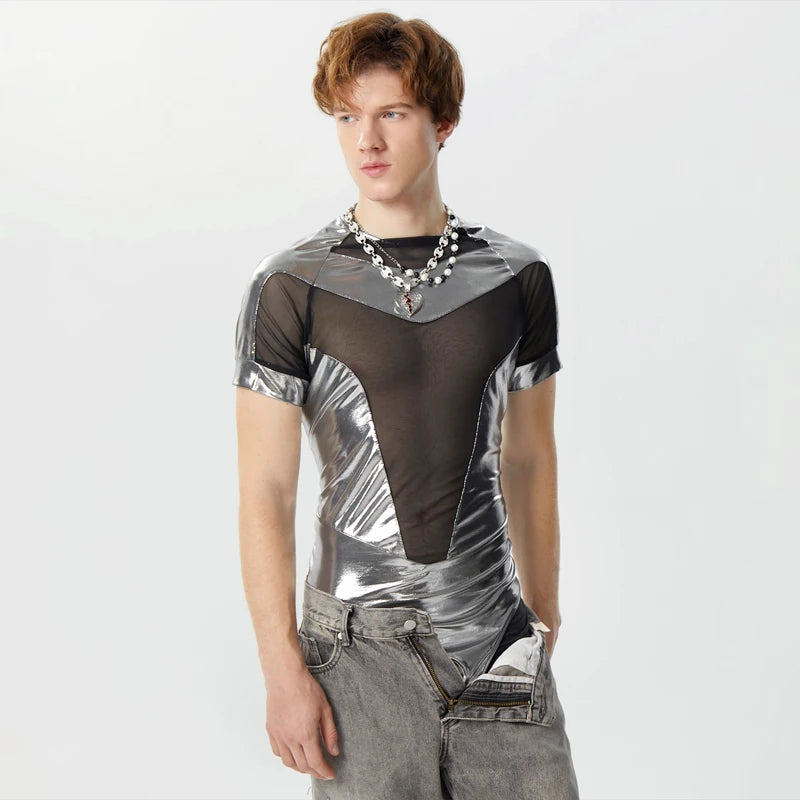 2024 Body pour hommes en maille patchwork brillant transparent col rond manches courtes barboteuses pour hommes streetwear mode body S-3XL INCERUN